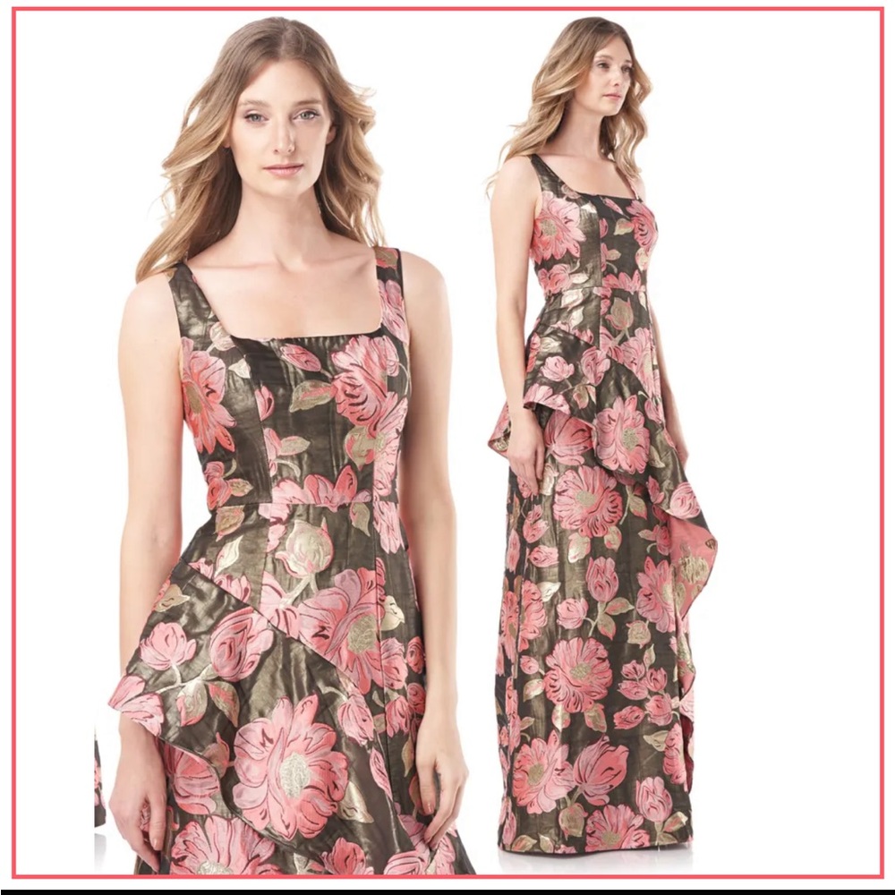 NWT KAY UNGER BELLE FLORAL PRINT RUFFLED SLEEVELESS A-LINE GOWN - Picture 2 of 11